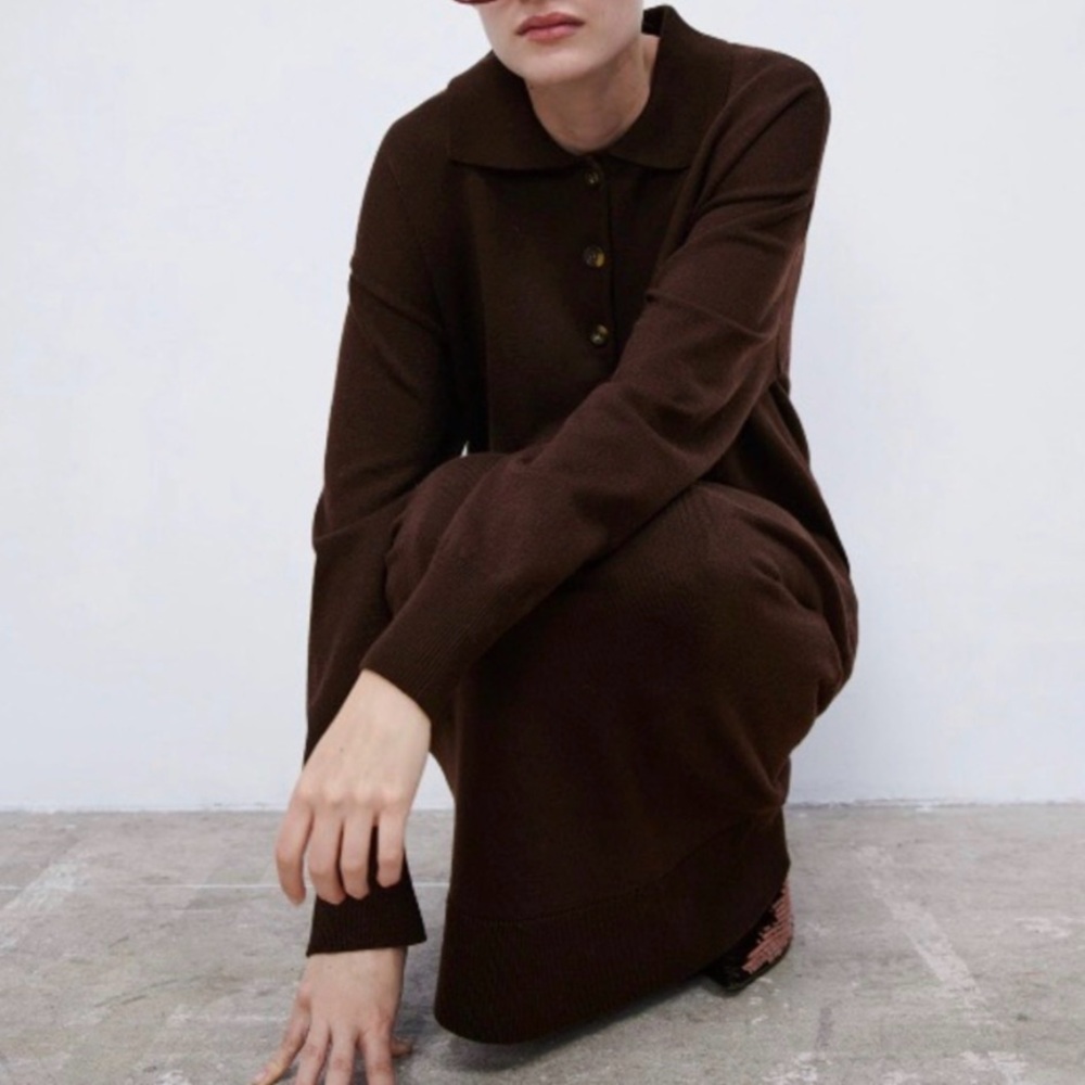 ♥️LAST size M♥️ NWT ZARA brown OVERSIZE POLO COLLAR KNIT DRESS